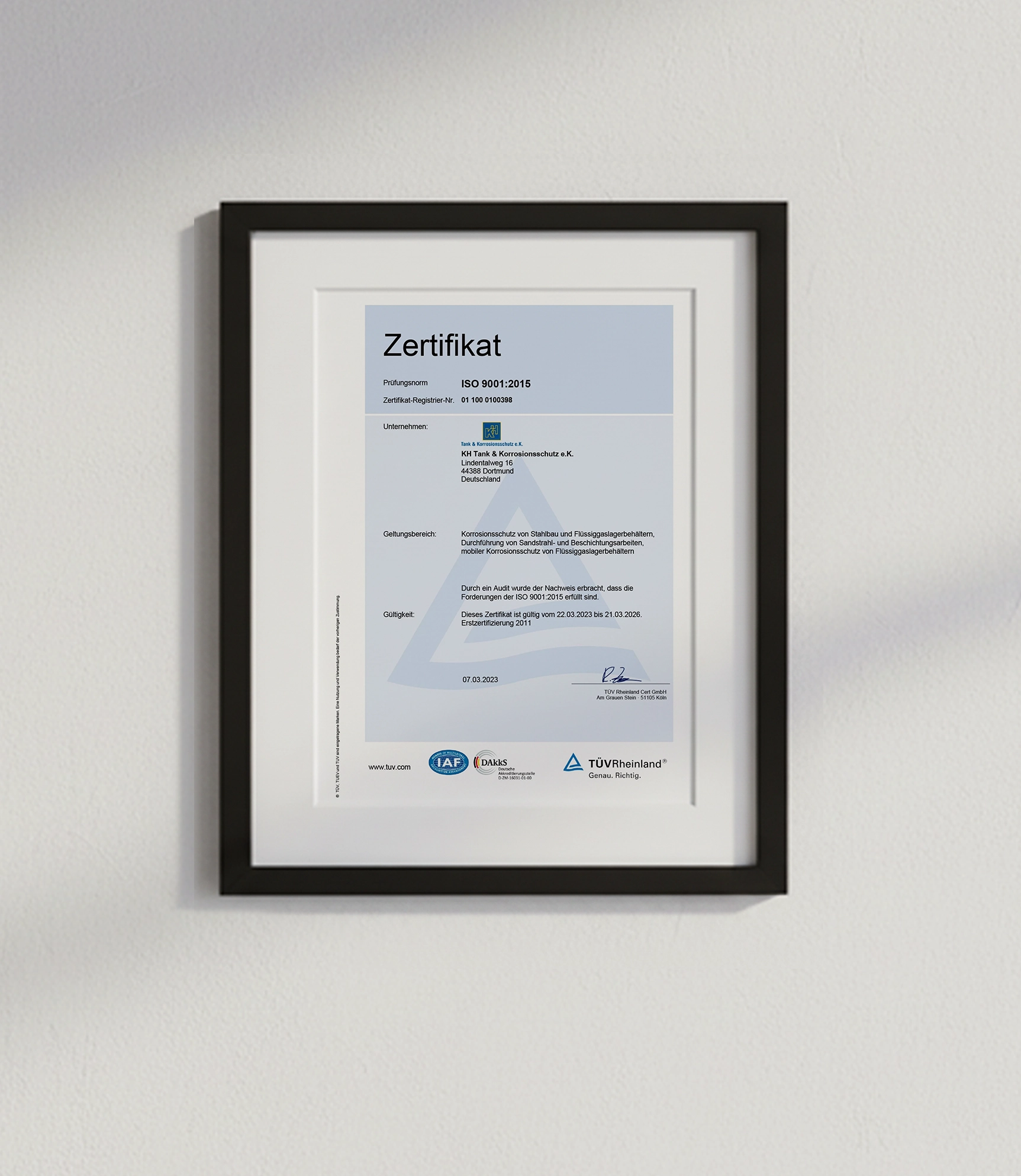 KH Zertifikat Zertifikat ISO9001 2015 Qualitaetsmanagementsystem